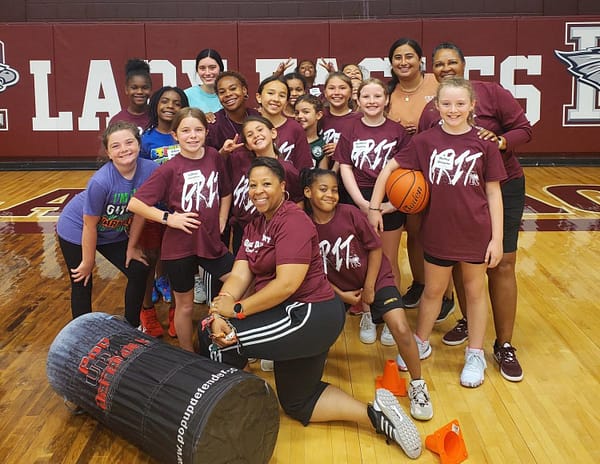BRIGHT FUTURE.
During summer athletic camp the girls basketball coaches sweat with a group of hopeful Lady Eagles. Volleyball, soccer, softball and basketball girls from around the area set aside one week in June to practice drills and showed their Eagle grit.